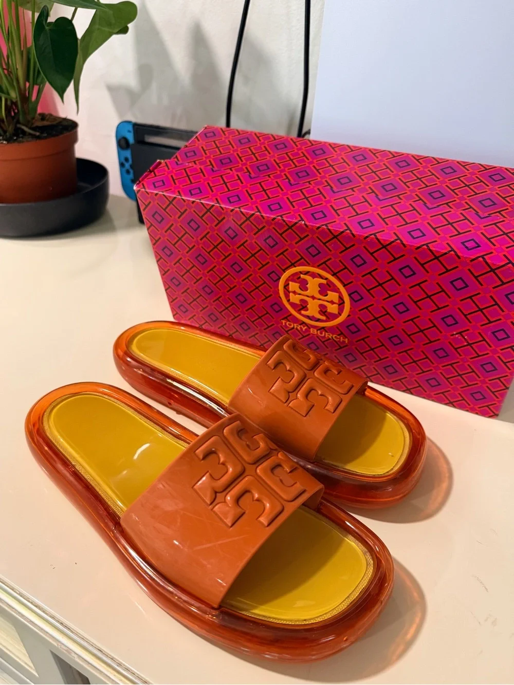 Orange Logo Slide Sandals with Yellow Footbed